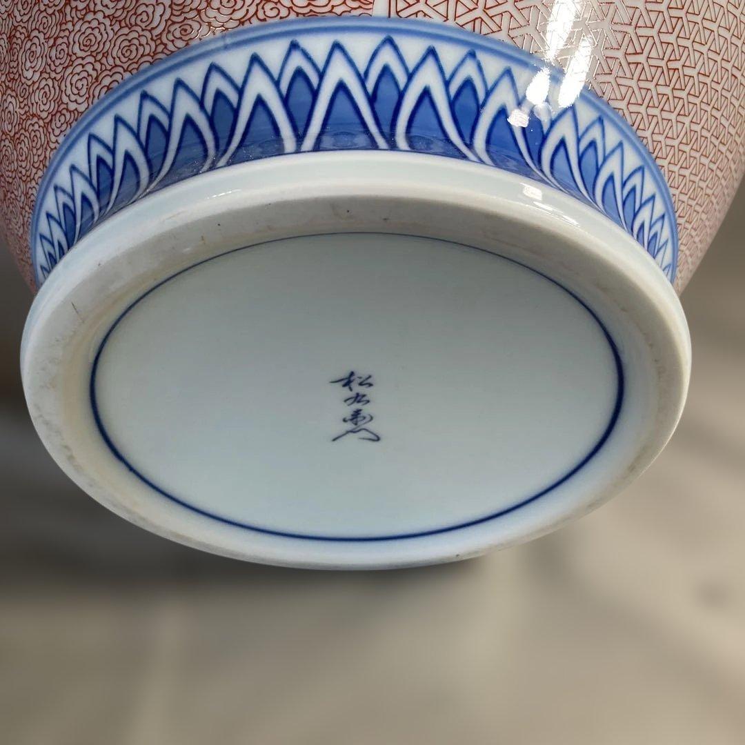 【緒方松右衛門】古伊万里の伝統　名窯　緒方松右衛門作　染錦三方間取桃絵　大花瓶