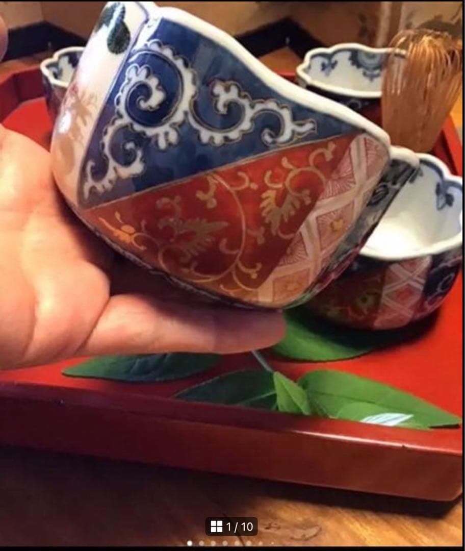 A1057古伊万里　最上手　染錦手　逆蛸唐草　松竹梅　波縁形鉢　向付　1客