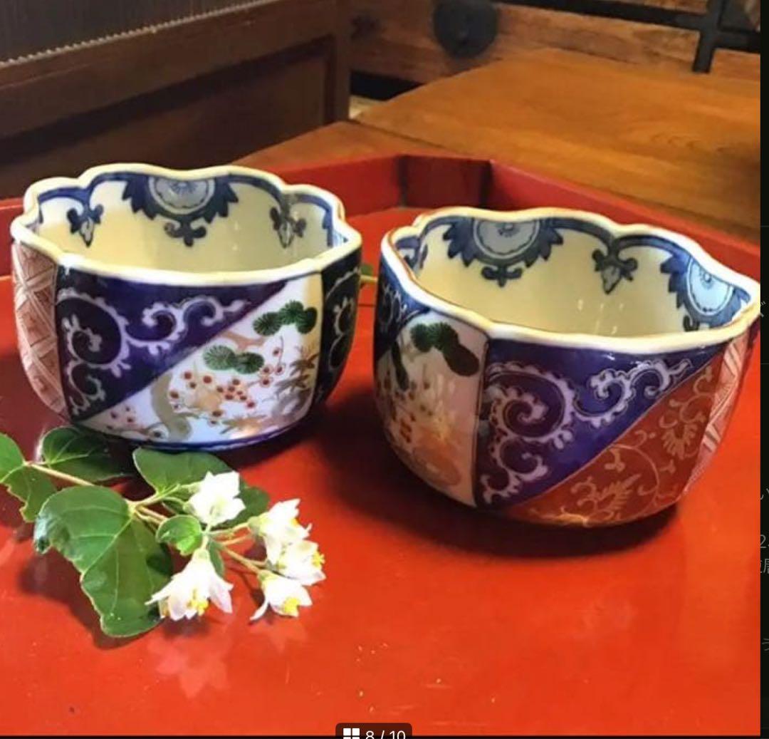 A1057古伊万里　最上手　染錦手　逆蛸唐草　松竹梅　波縁形鉢　向付　1客