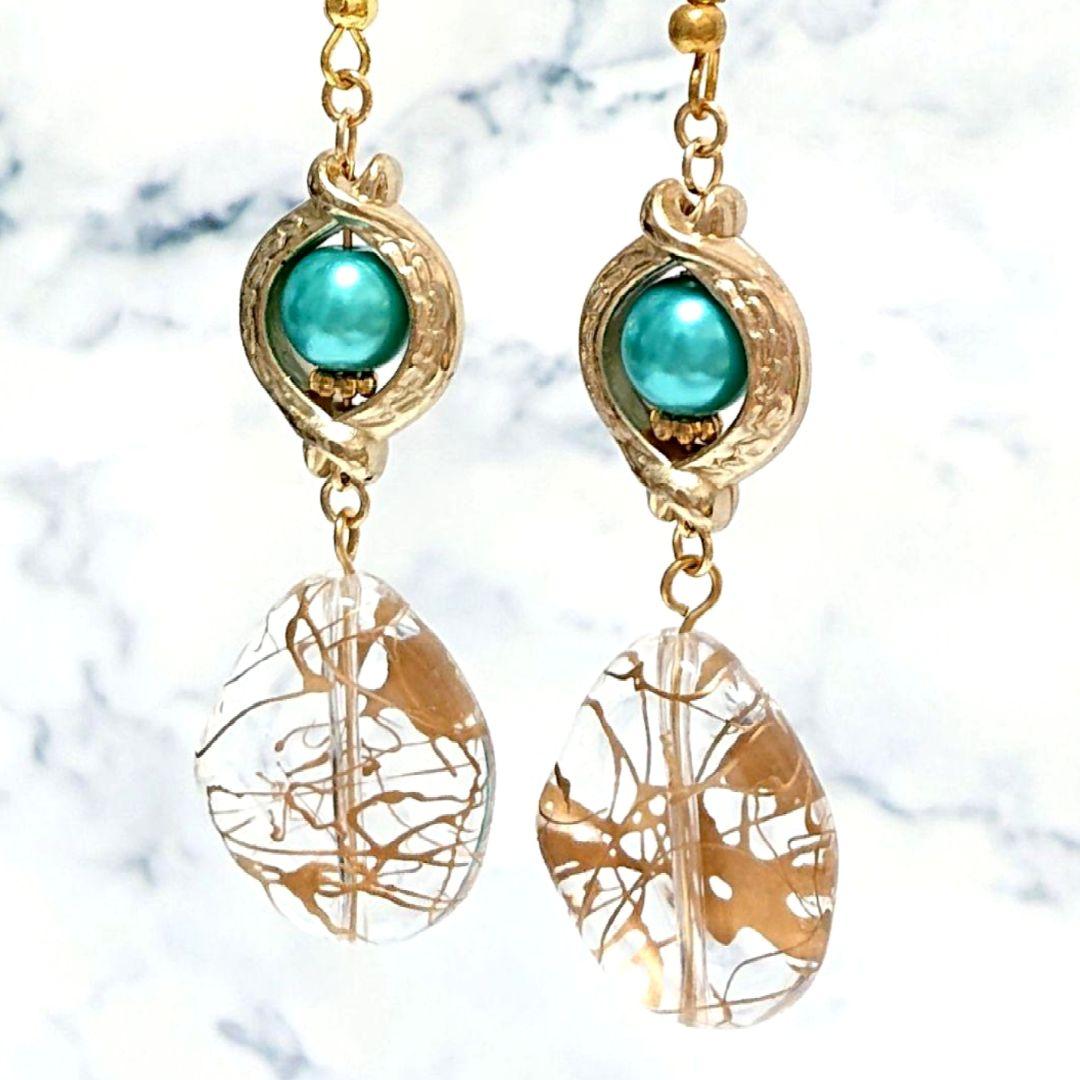 【ピアス】エスニックシャンデリア風　ターコイズブルー