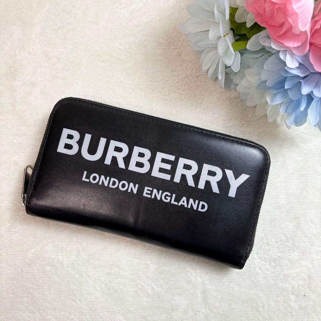BURBERRY バーバリー　長財布　ラウンドジップ　黒　ロゴプリント　レザー
