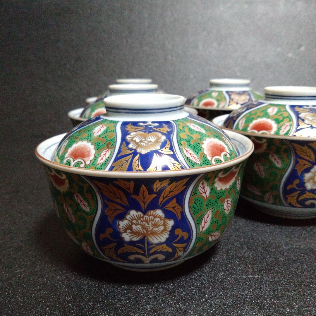 未使用 美濃焼 庫山窯 間取り金彩牡丹 蓋付 小丼5個 煮物碗 蒸し碗　お祝い