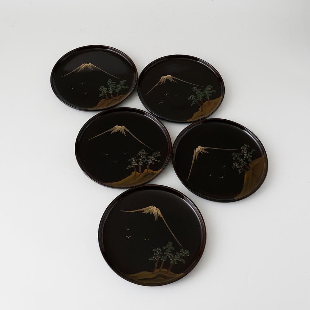 木製漆器 勇介塗 松に富士 色絵蒔絵 銘々皿 五客 共箱 茶道具 菓子器