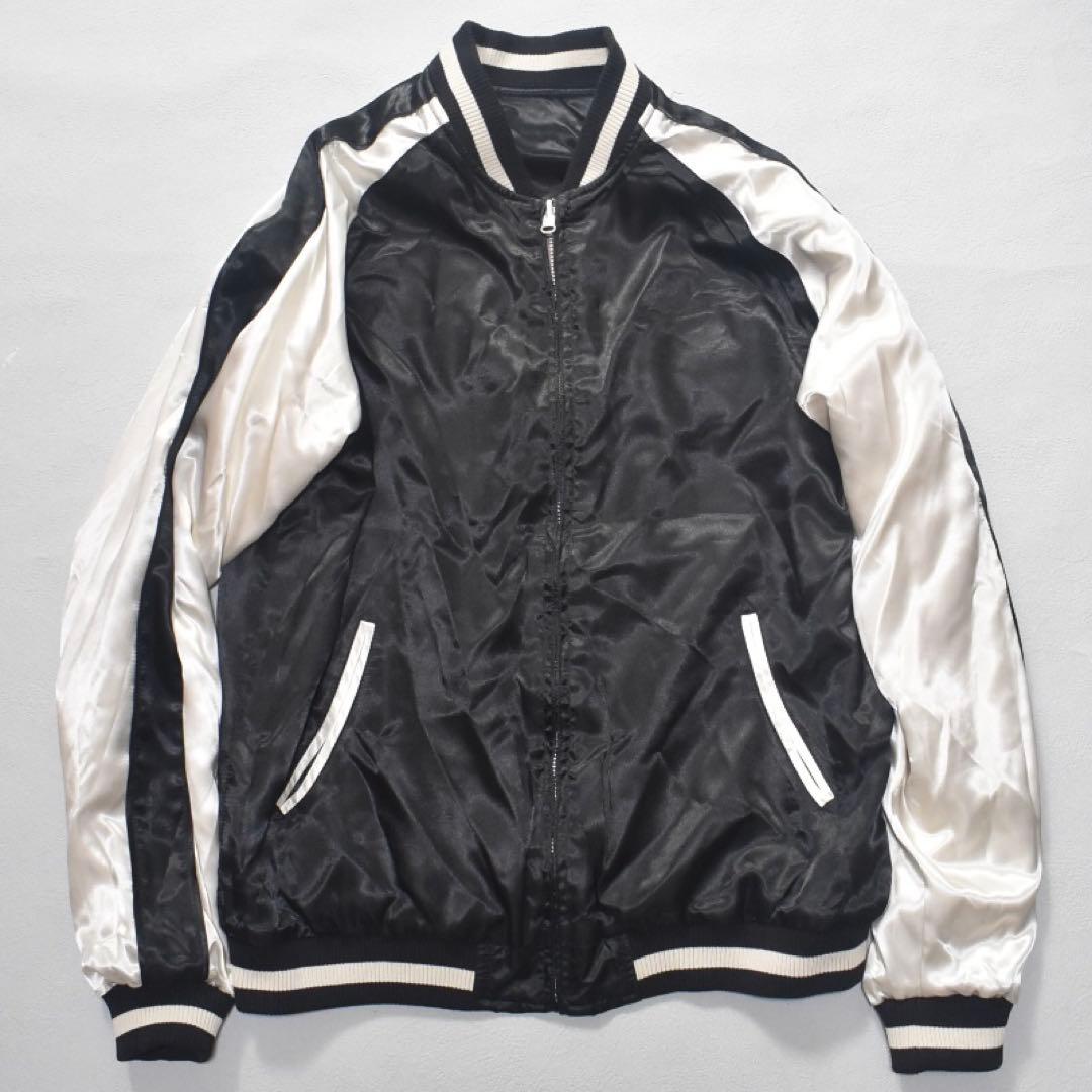 未使用級 花旅楽団 スカジャン 風神雷神 リバーシブル 刺繍 黒×白 L 和柄