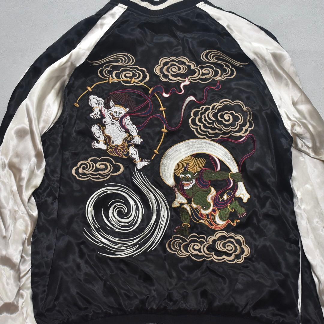 未使用級 花旅楽団 スカジャン 風神雷神 リバーシブル 刺繍 黒×白 L 和柄