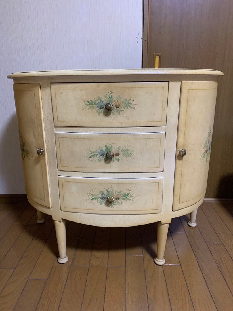 アイボリー サイドボード 花柄ペイント