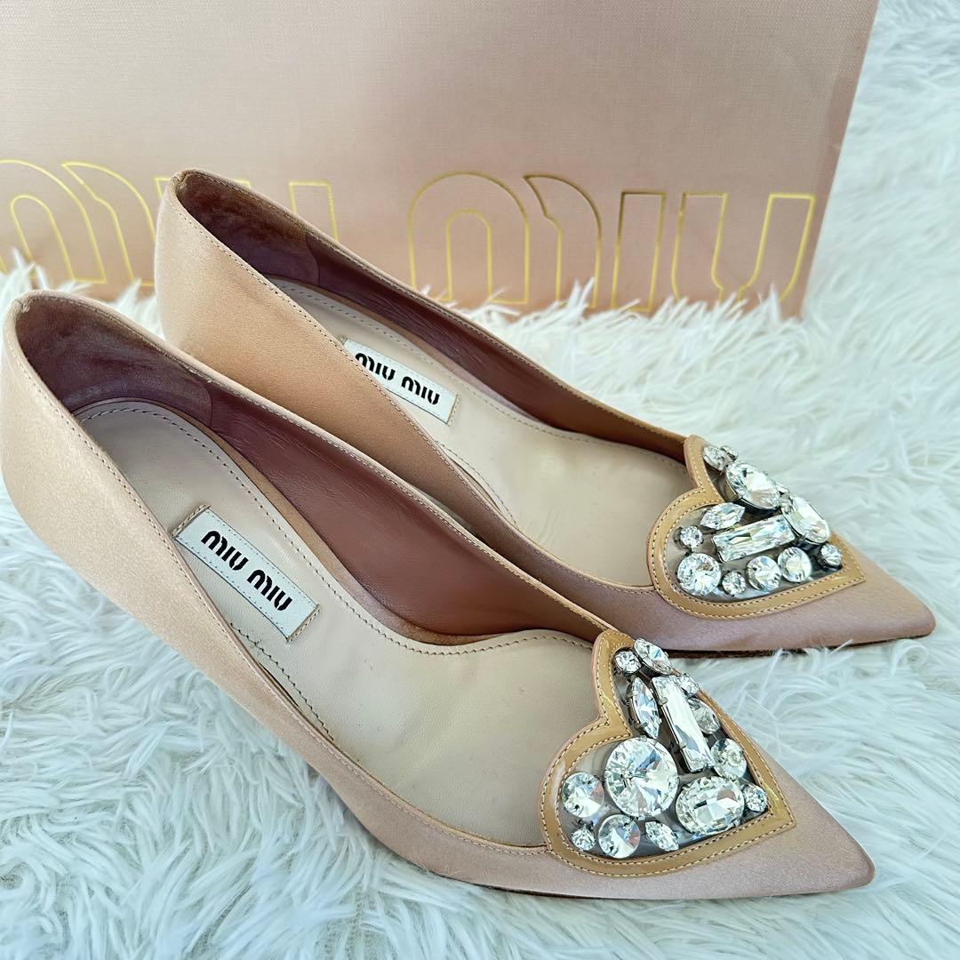 【美品】ミュウミュウ miumiu ハート　ビジュー　ピンク パンプス35