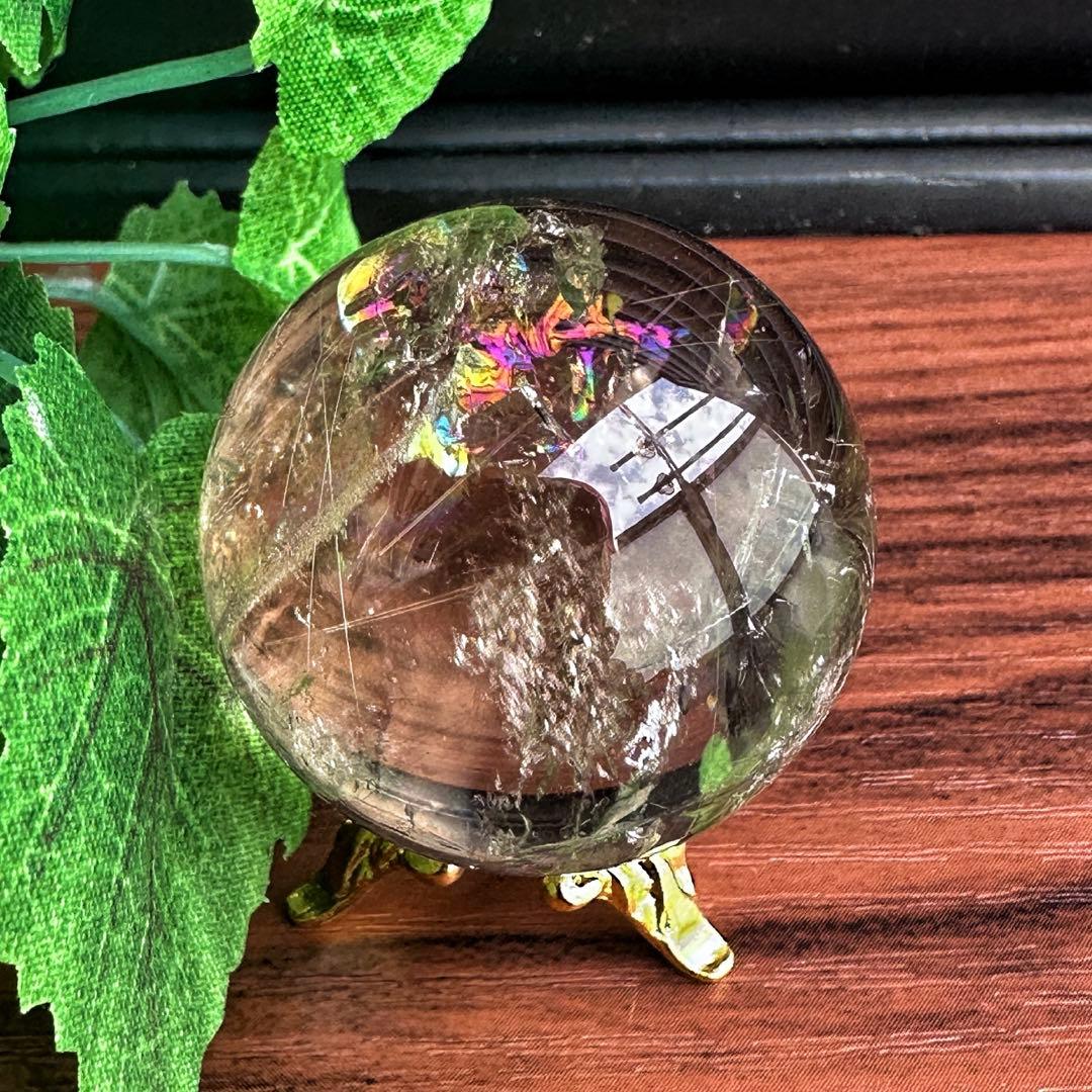 金運最強✴️レインボー☆スモーキーチルクォーツ丸玉パワーストーンスフィアA1252