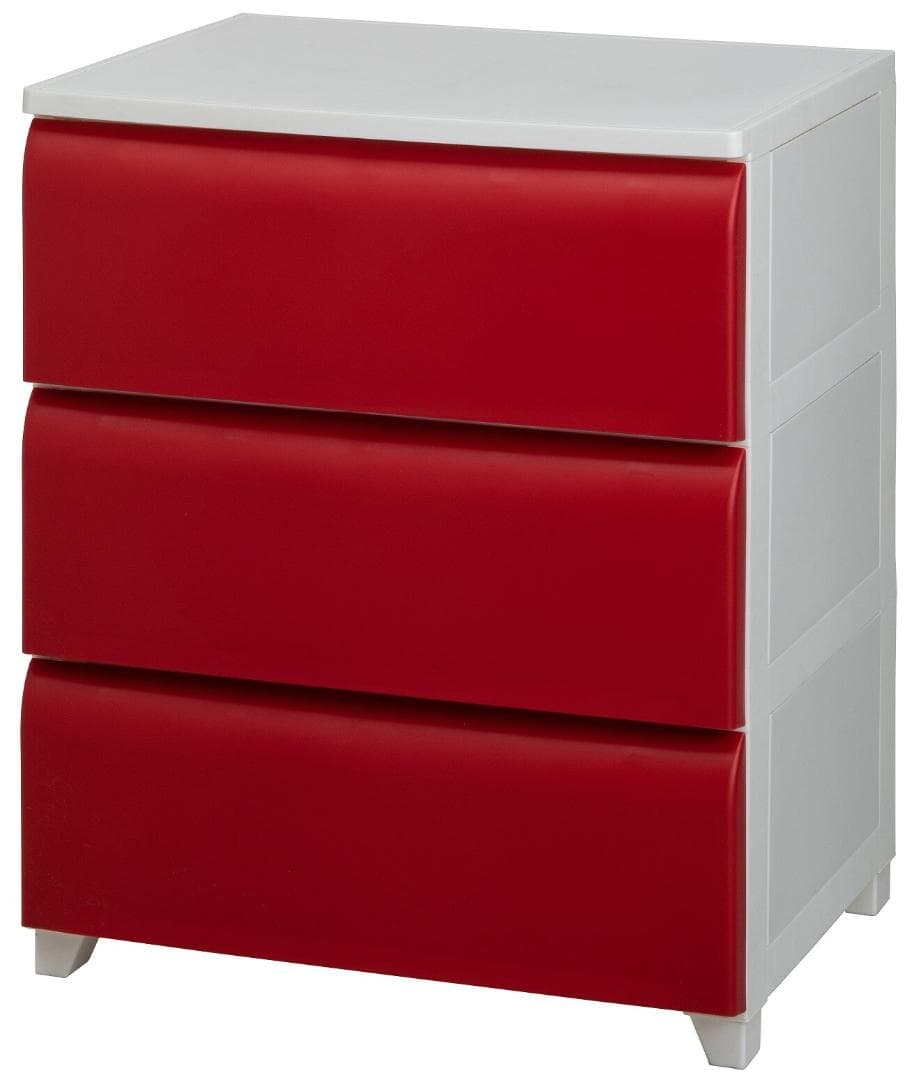 PES CST　収納チェスト　3段　日本製　ホワイト＊レッド　ワイド