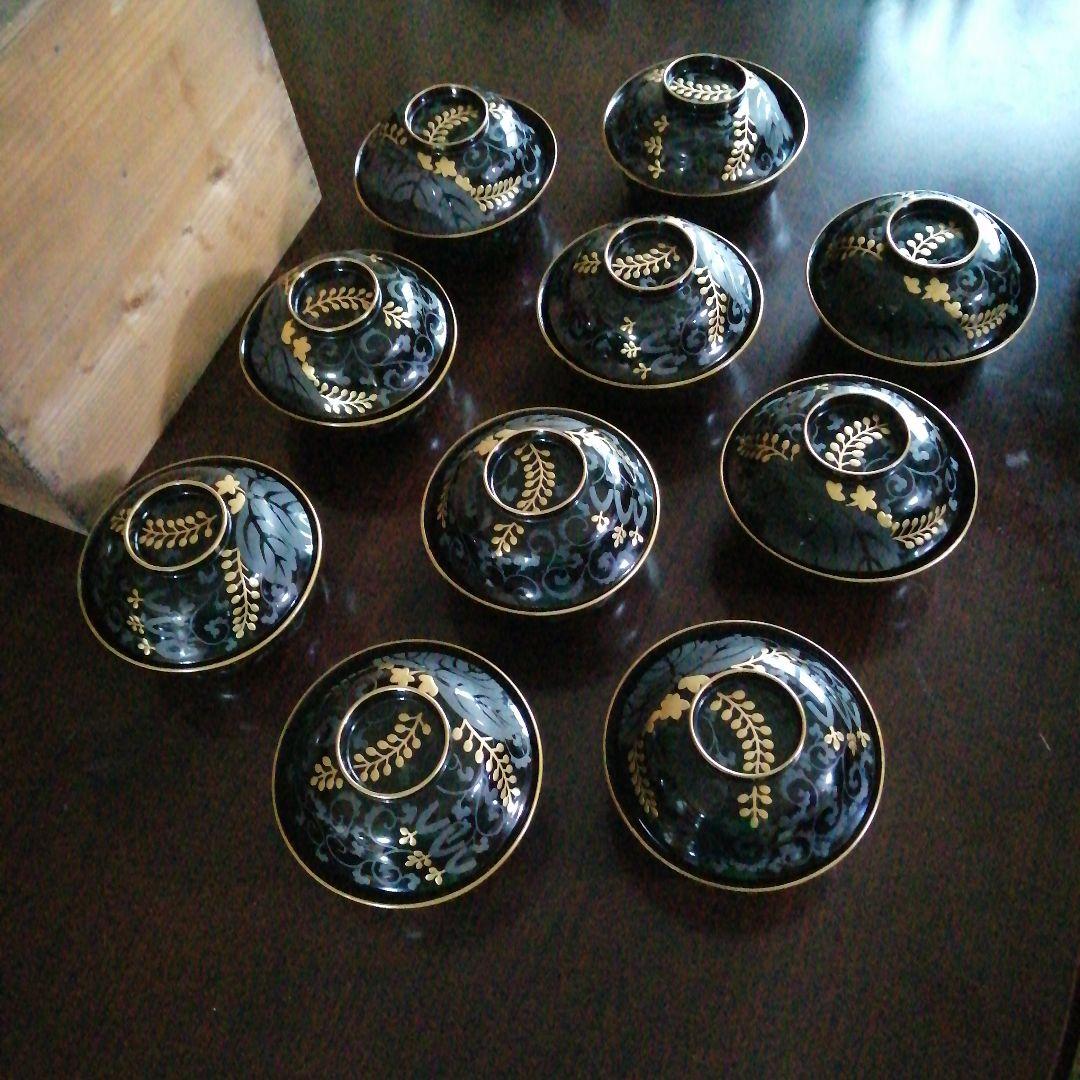 木製漆器　藤紋蓋付煮物椀　10客　13cm　大正〜昭和初期　椀中ヤケあり