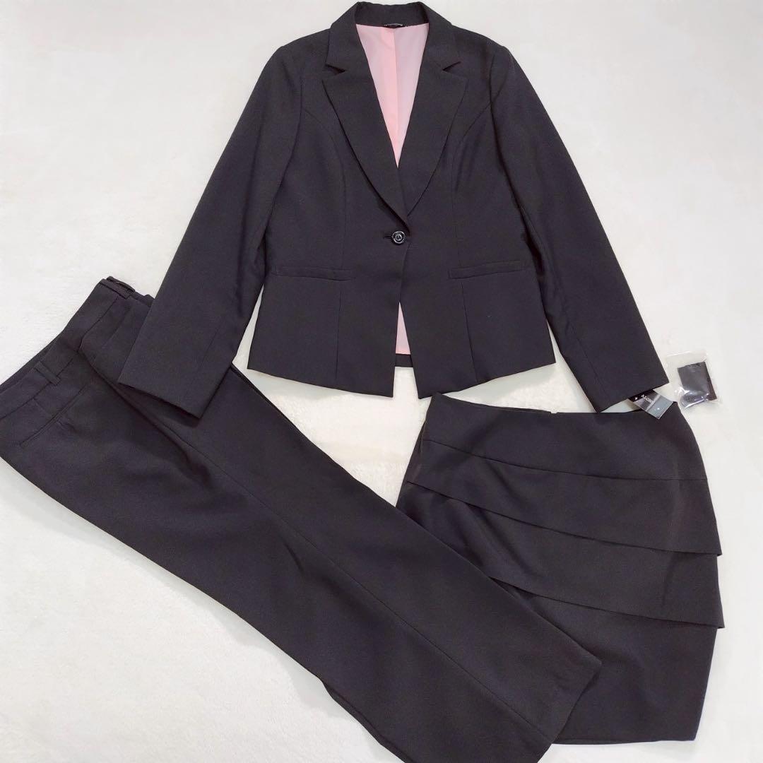 美品 パンツスーツ ブラック3点 セットアップ 就活 リクルート 17号 大きい