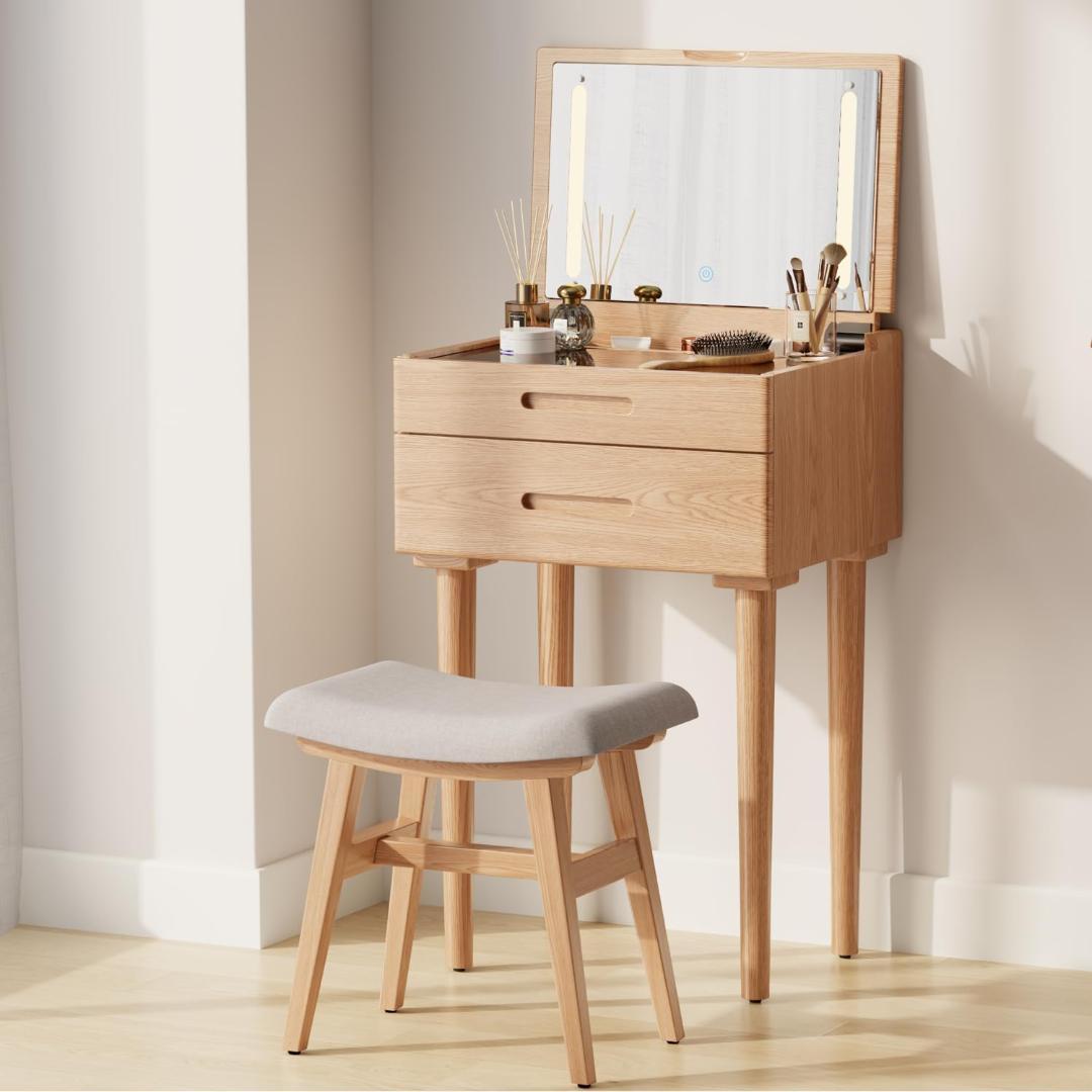 Mangowood ドレッサー LEDライト付き化粧台 幅50cm 木目/木色