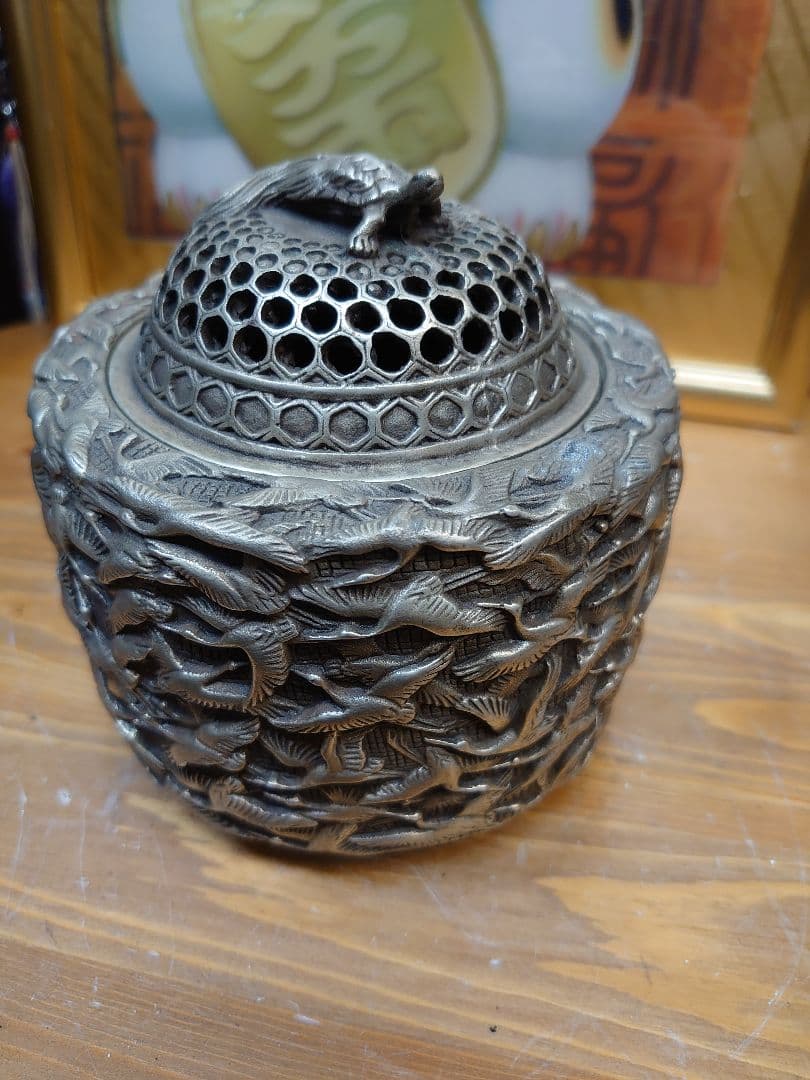 開運 縁起物 千羽鶴 亀 龍香炉  白銅製（洋銀）大明年製
