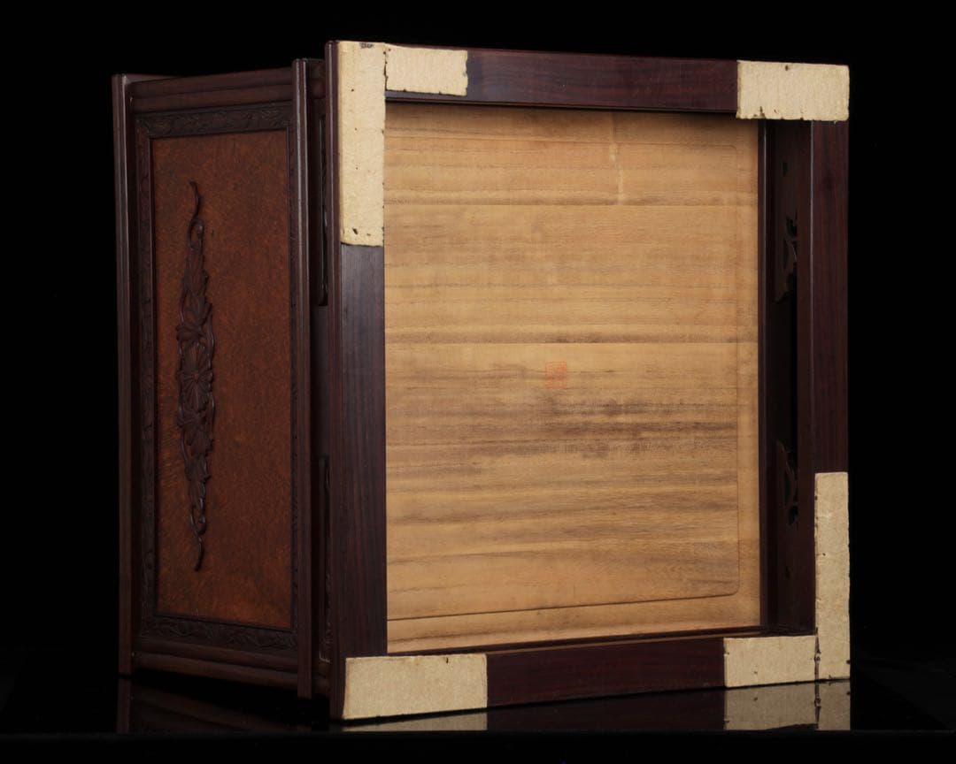 唐木細工師【阿達祥山】 玉葡萄紫檀草飾四方形 火鉢 幅43.5cm 瓶掛 囲炉裏