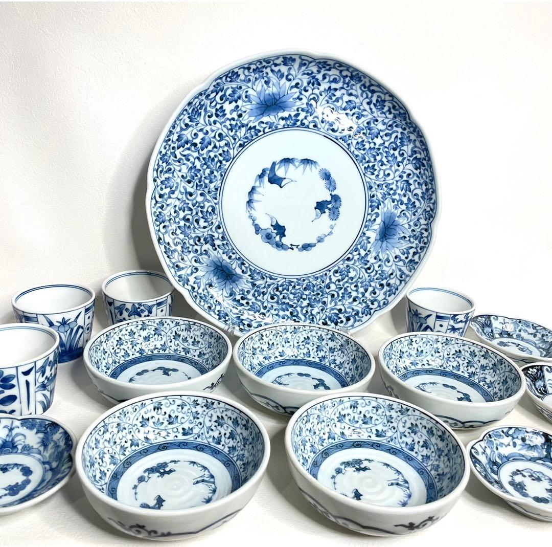 『龍峰窯』 古伊万里唐草　有田焼　伊万里染付花唐草 花文皿　16枚