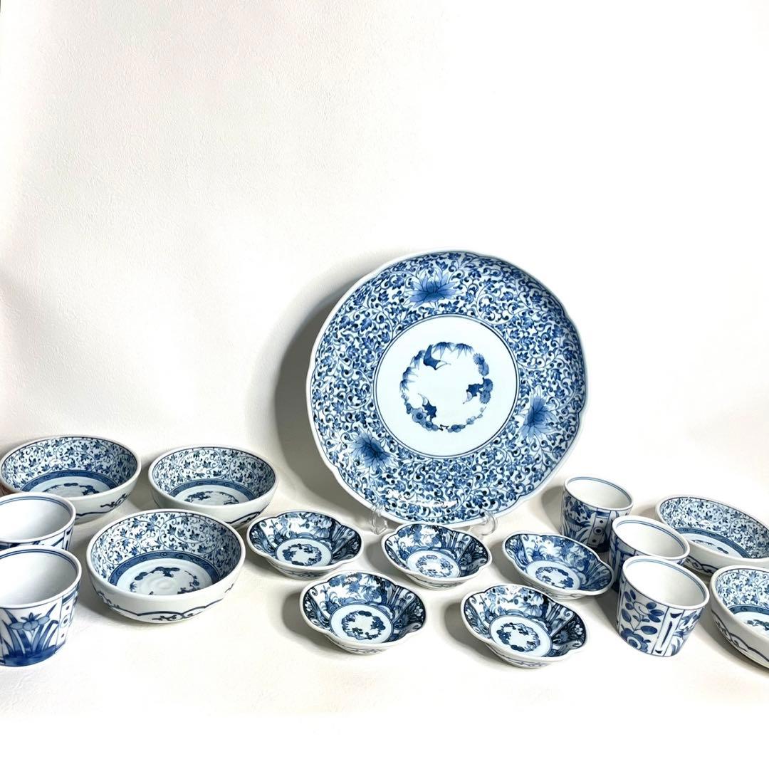 『龍峰窯』 古伊万里唐草　有田焼　伊万里染付花唐草 花文皿　16枚