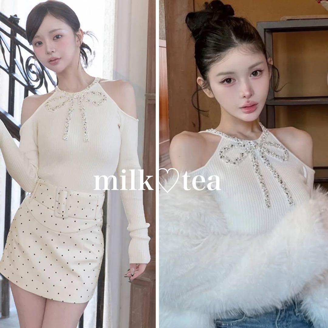 新品タグ付 ダーリッチ アイボリー リボンビジューアメスリニットトップス フリー