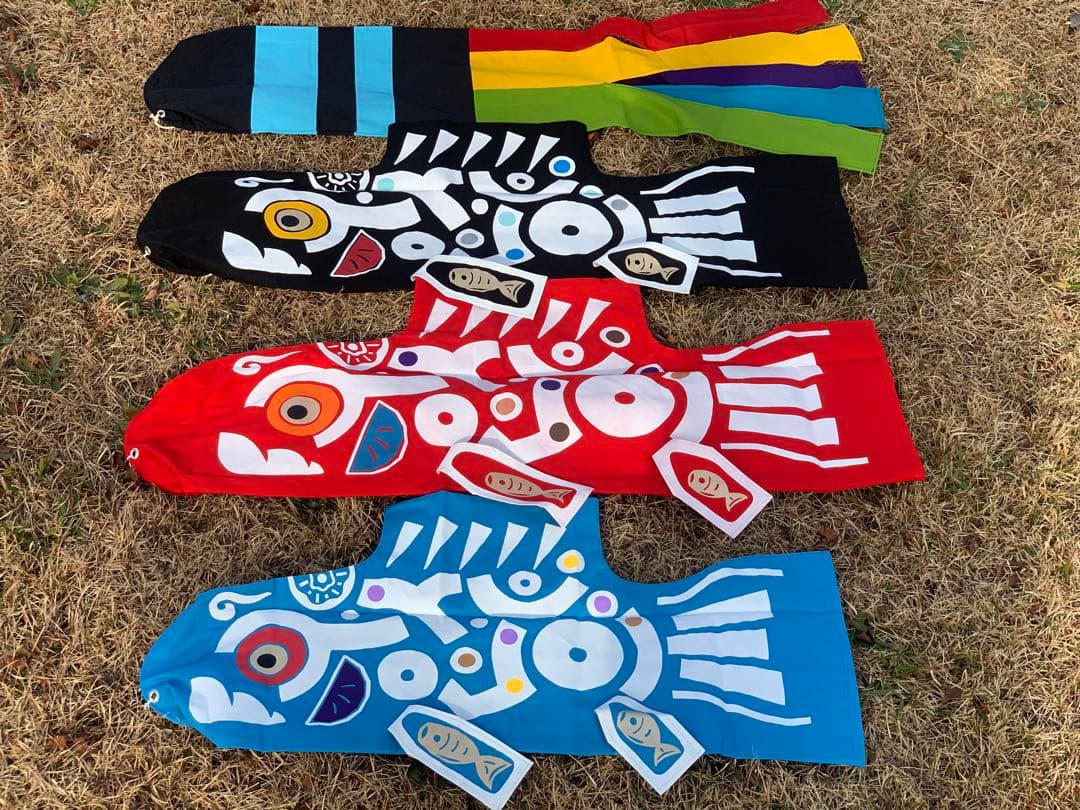 鯉のぼり　手染め　もざいく鯉　1mセット　子鯉　青　鯉のぼり