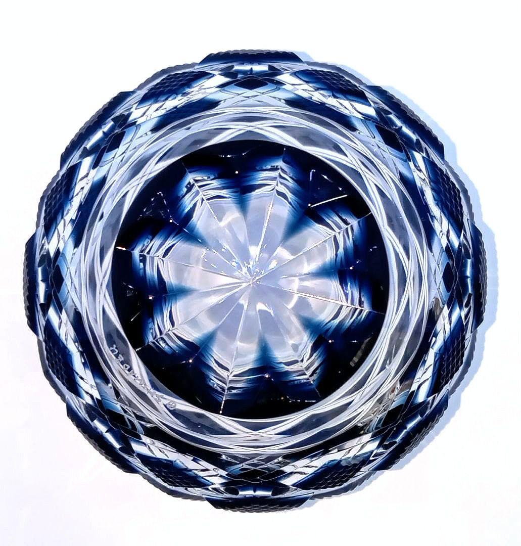 【新品未使用】島津薩摩切子 薩摩ガラス工芸作 小付鉢 藍 二重矢来に魚子文