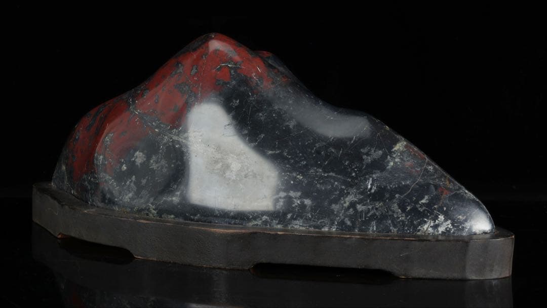 佐渡産 山形石 赤玉石 水石 鑑賞石 原石 自然石 美石 台座付 6117g