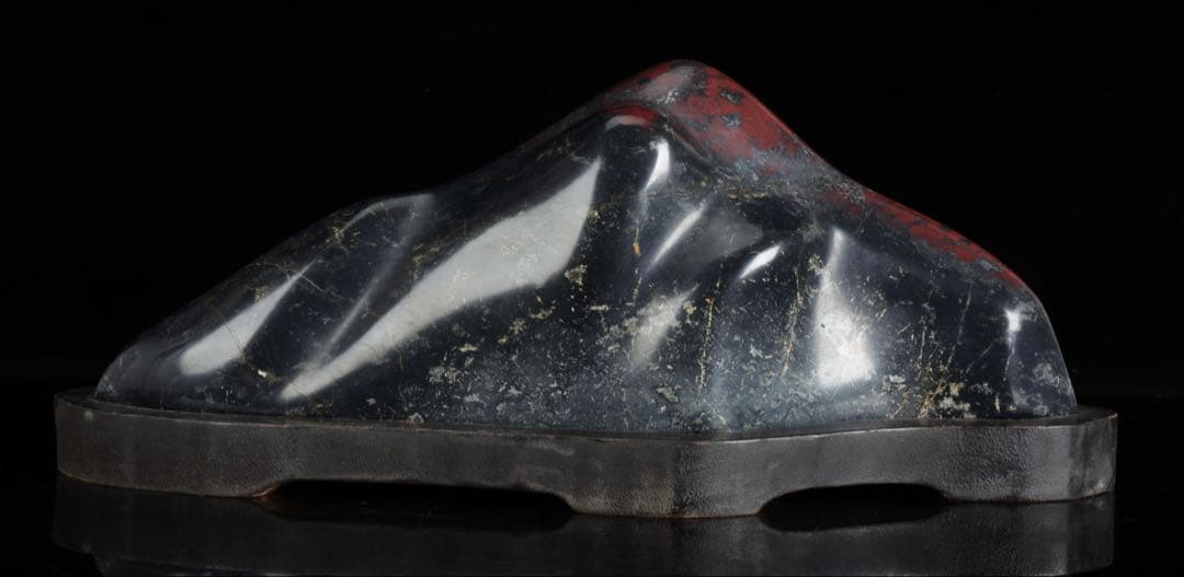 佐渡産 山形石 赤玉石 水石 鑑賞石 原石 自然石 美石 台座付 6117g