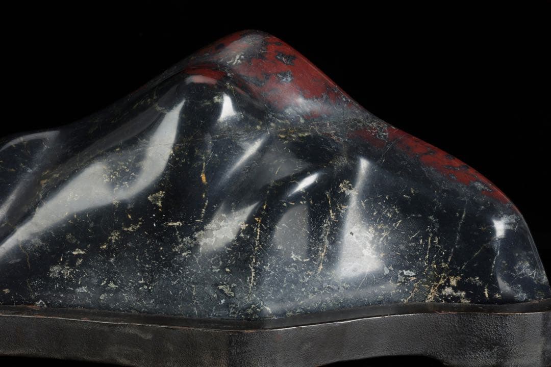 佐渡産 山形石 赤玉石 水石 鑑賞石 原石 自然石 美石 台座付 6117g