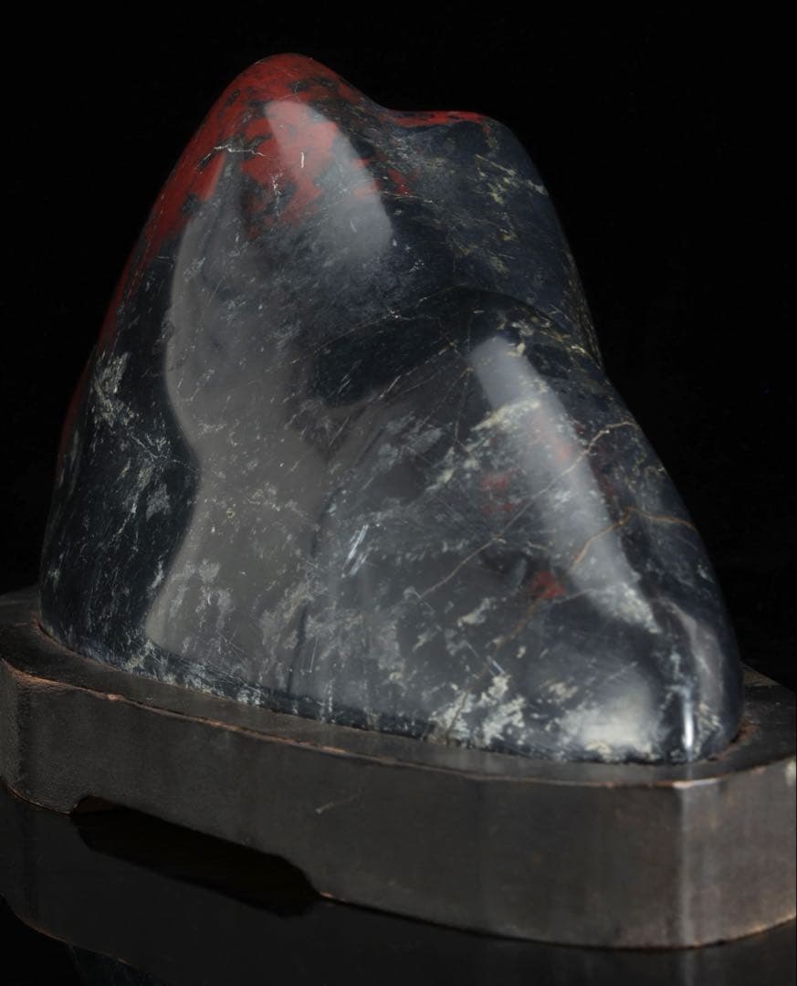 佐渡産 山形石 赤玉石 水石 鑑賞石 原石 自然石 美石 台座付 6117g