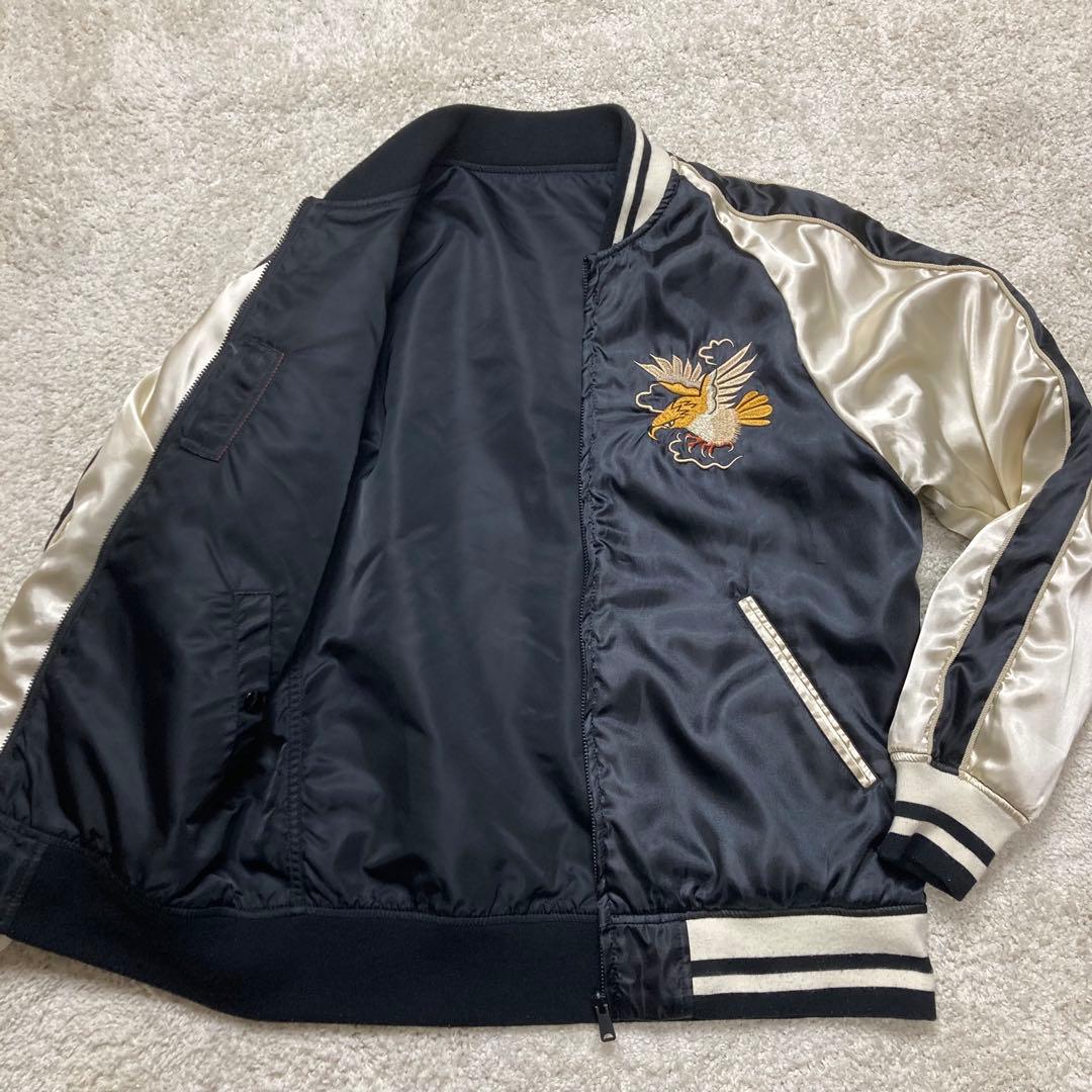 アルファインダストリーズ　スカジャン L　リバーシブル　黒 シルバー 鷹 刺繍