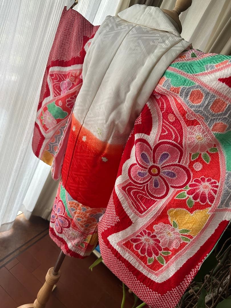 3歳七五三フルセット 正絹 総絞り 正絹 赤×白