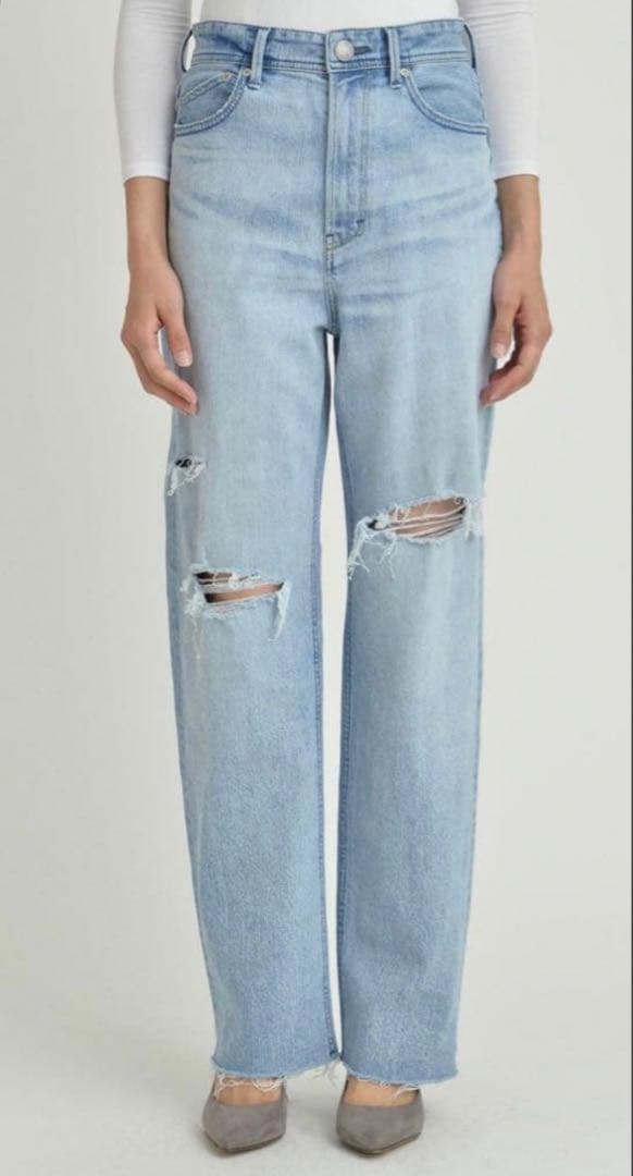 YANUK ライトブルー ハイウエスト ストレートダメージデニム