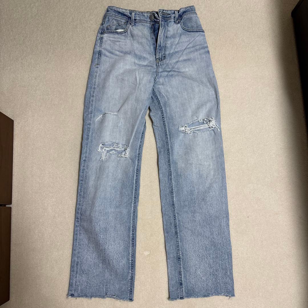 YANUK ライトブルー ハイウエスト ストレートダメージデニム