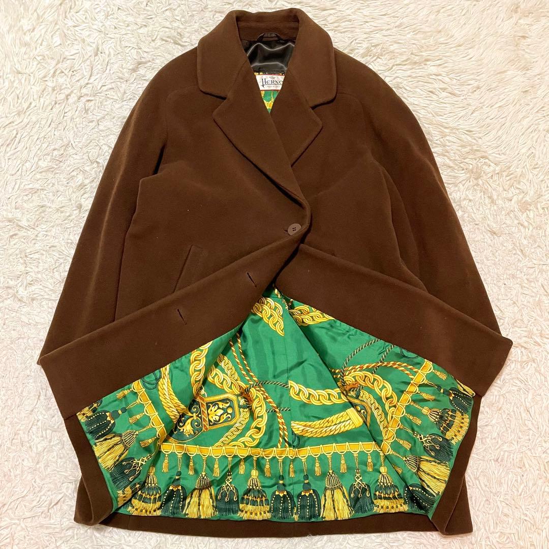 42/XL相当 ヘルノ カシミヤコート キャメルブラウン 裏地スカーフ柄 ダブル
