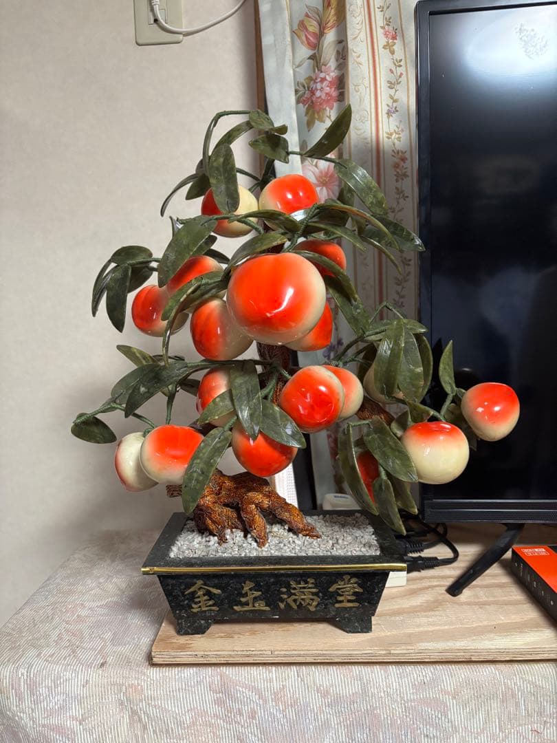 玉石桃木鉢植 玉桃盆栽石細工 玉石彫刻 唐物 中国骨董