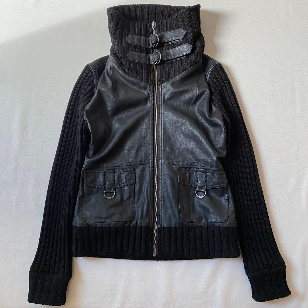 【美品】バーバリーロンドン　レザージャケット　リブニット切替　2way仕様　38