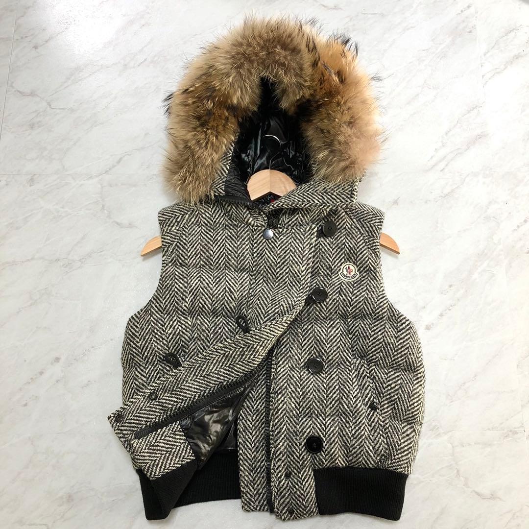 【極美品】 MONCLER ダウンベスト ファー ヘリンボーン 2WAY ロゴ