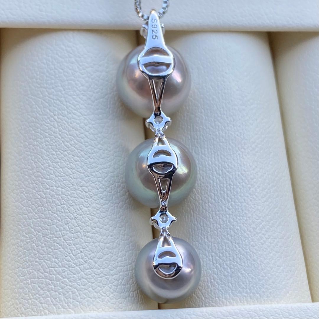 本真珠　南洋黒蝶真珠3連パールネックレストップ　グレーPT925