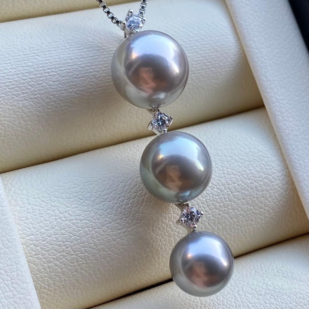 本真珠　南洋黒蝶真珠3連パールネックレストップ　グレーPT925