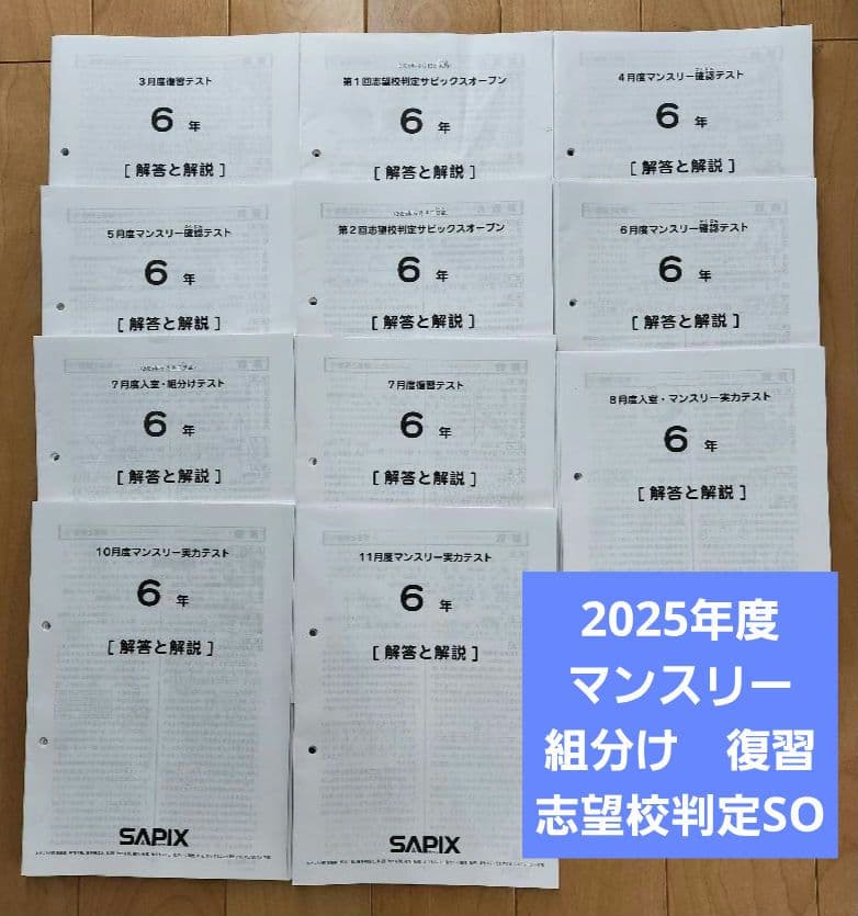 【最新版】2025年度 SAPIX 6年 マンスリー　組分け復習テスト　欠番なし