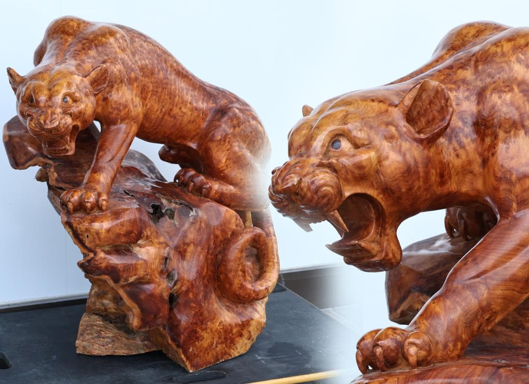 メル82601　木彫　玉杢　泡杢　石噛　一刀彫　豹　眼木象嵌　BK145