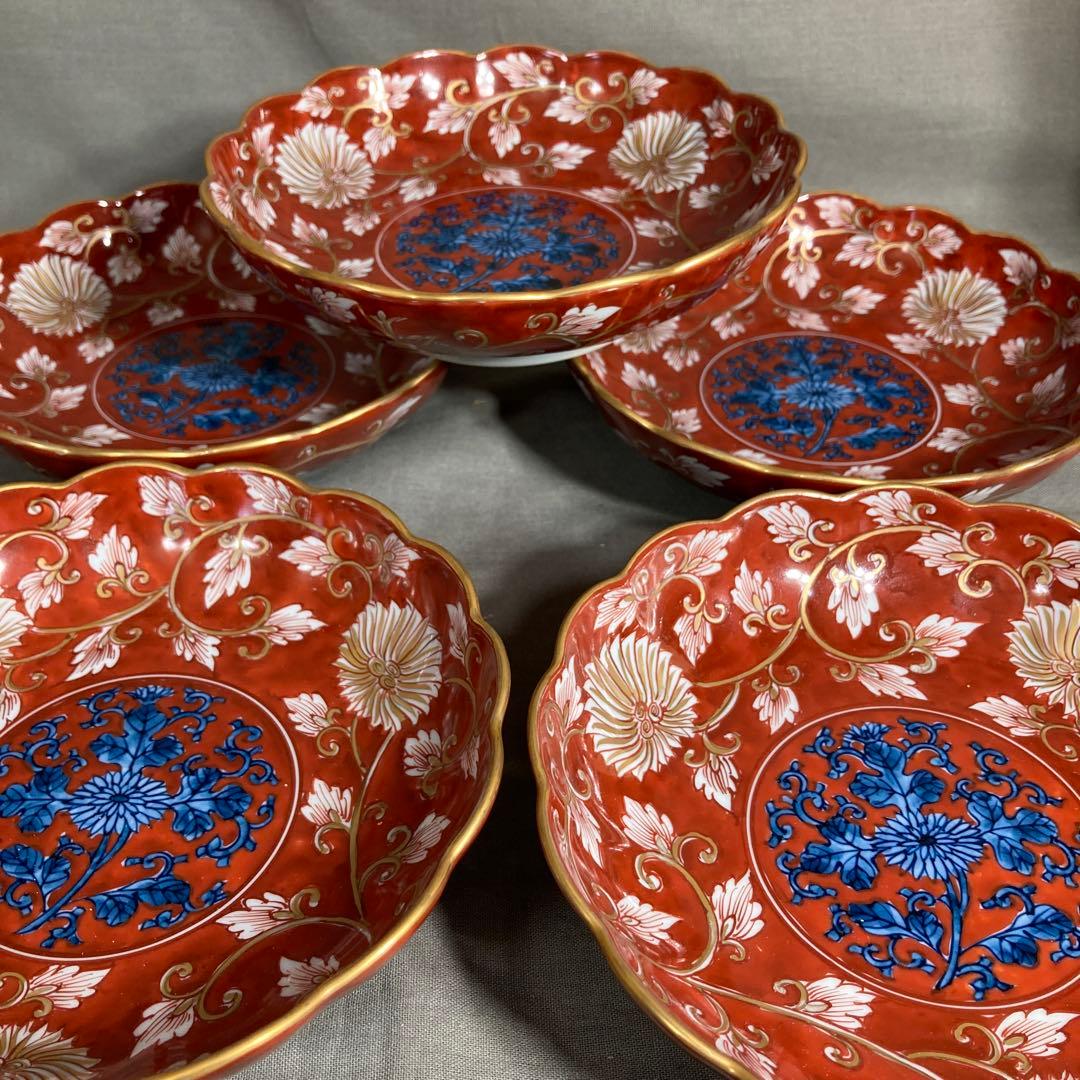 【源右衛門】古伊万里の伝統　日本の銘窯　源右衛門作　赤濃菊唐草文　向付大小十客揃