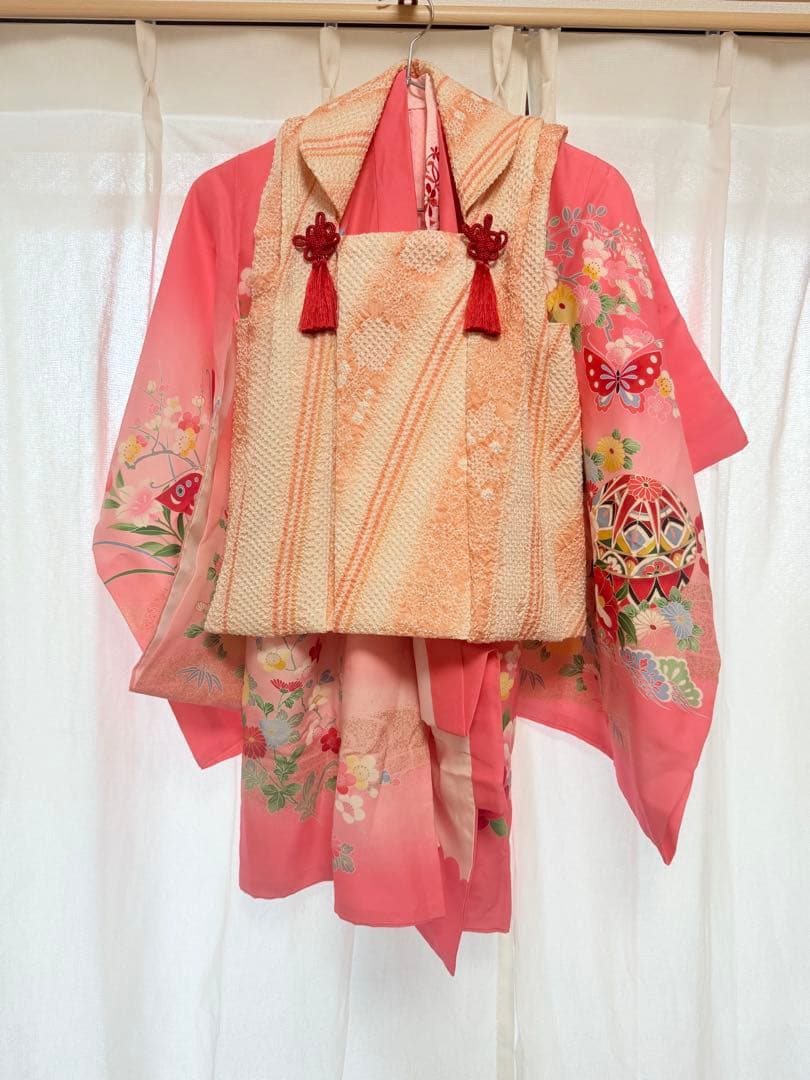 七五三用ピンク着物 花柄 蝶模様