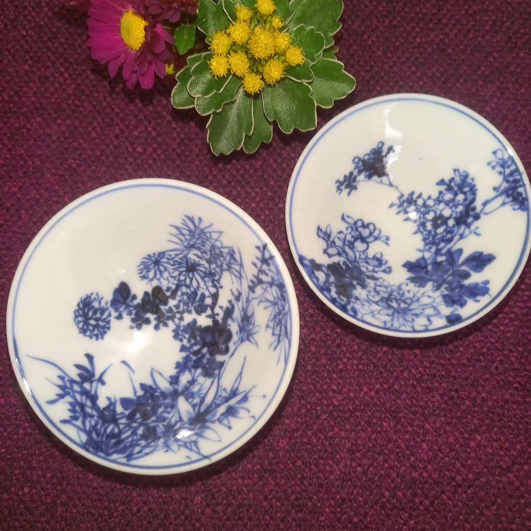 古い盃 2客 染付 左平製 酒器 小付皿 骨董 付属品なし