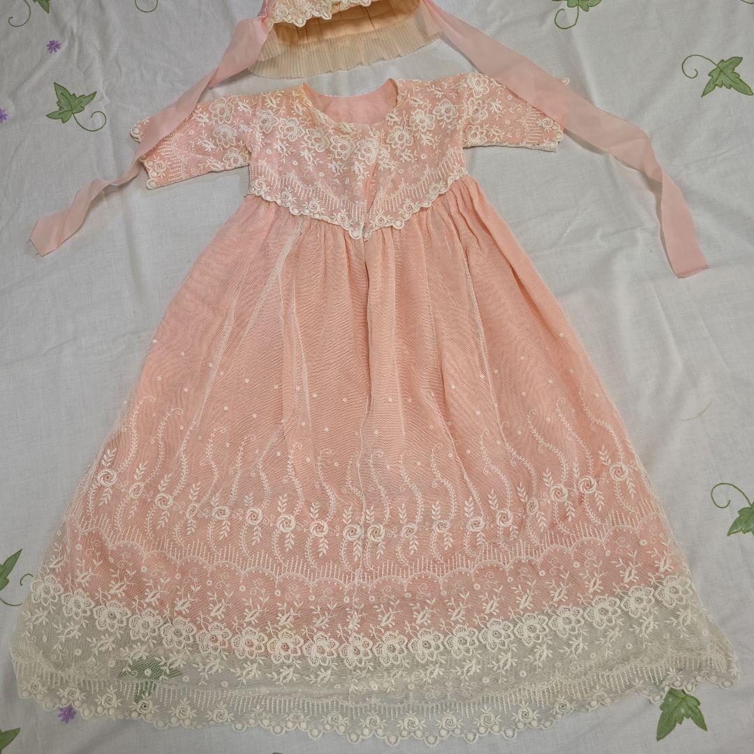 アンティークビスクドール　ドレス　フランスアンティーク　レースドレス　ボネ付き