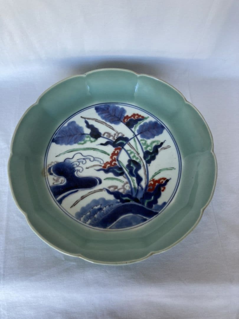 古伊万里青磁色絵染付皿