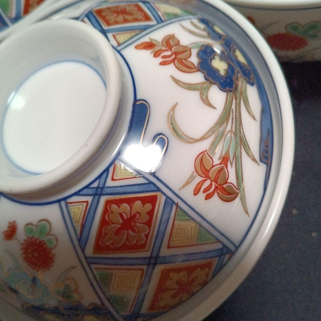 有田焼　其泉窯　染め錦地紋草花紋金彩　雑煮椀、蓋付き丼5個