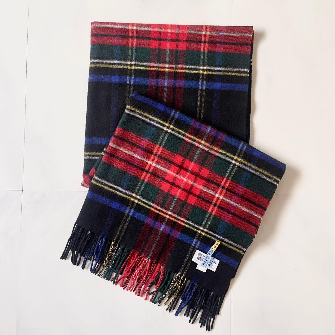 ジョンストンズ カシミヤ100% ストール ブラックスチュアート チェック 大判