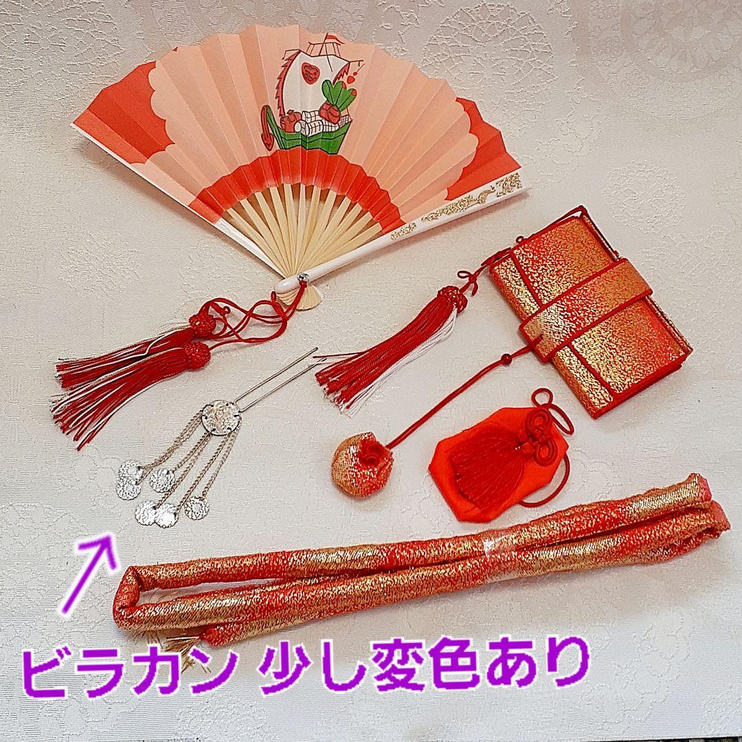 美品 七五三 7歳 着物 結び帯セット 青 12点フルセット★女の子 赤金の帯