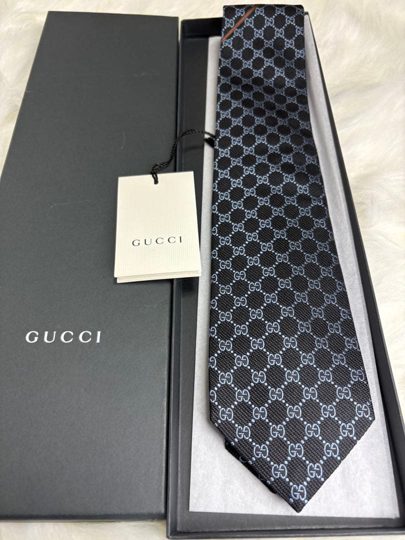 新品未使用】 GUCCI グッチ ネクタイ ブラック タグ GG シェリーライン