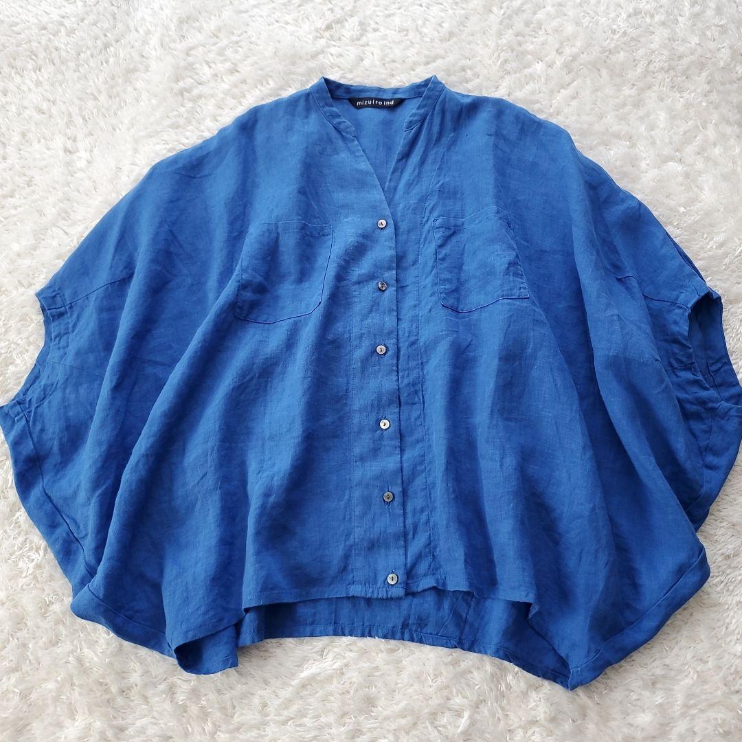 ミズイロインド リネン100％ ドルマンスリーブシャツ ブルー