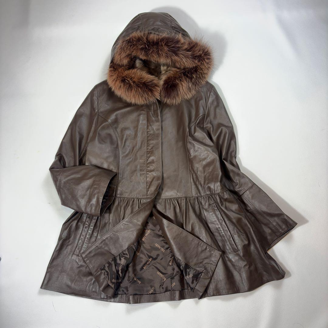 バルマン 羊革 2way レザーコート 毛皮 フォックス ラム フードファー L